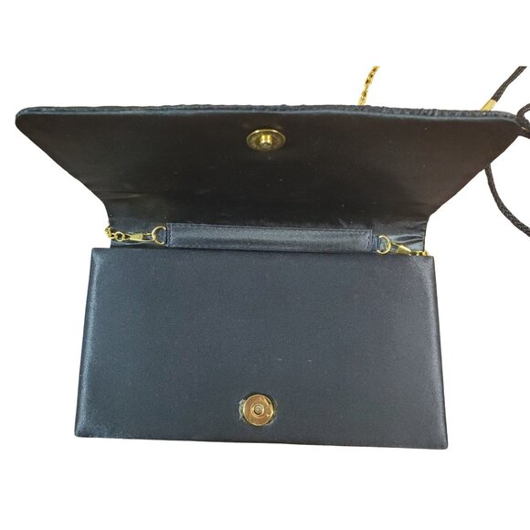 Elegant Black Clutch With Gold‎ Chain & Rhinestone Peacock Design Extra Strap - Picture 3 of 7